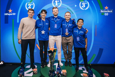 F1 world champion Max Verstappen joins Heineken at the global final of Player 0.0 sim racing competition together the finalists Joao Puana of Brazil, Floris Wijers of the Netherlands, Marc-Antoine Liboiron if Canada and Rivaldo Campos of Mexico at the global final of Player 0.0 sim racing competition, hosted at the Heineken Experience on December 06, 2023 in Amsterdam